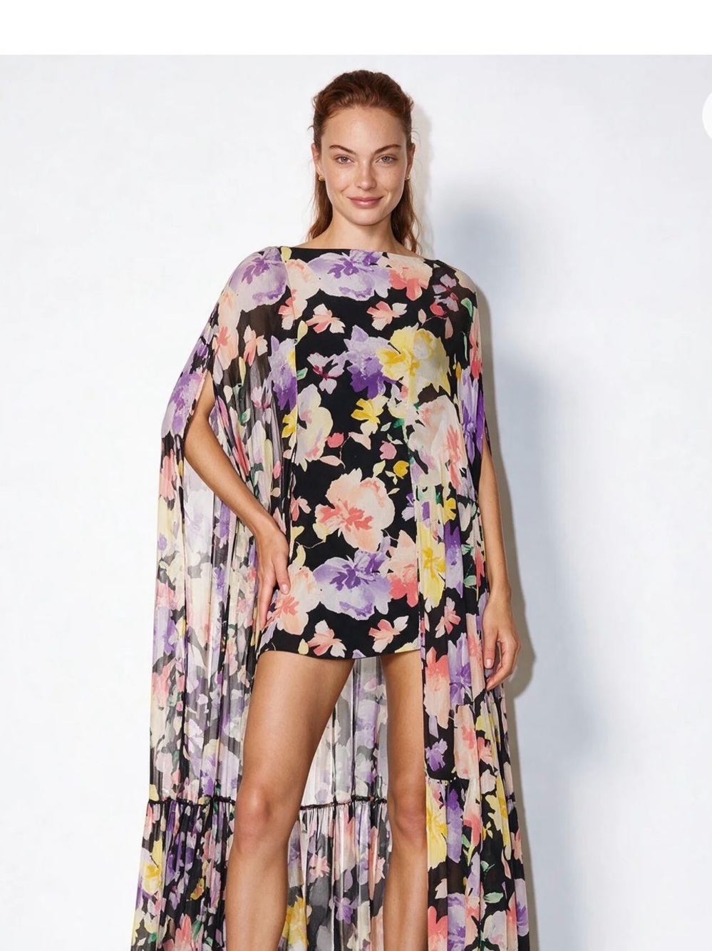 Floral Black Cape Dress